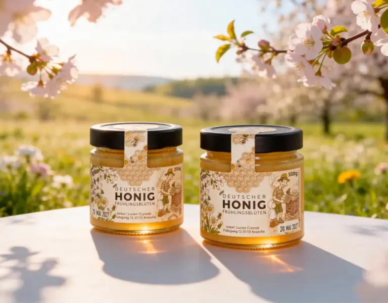 Professionelles Etiketten Design für Honiggläser mit Illustrationen und Wabenmuster