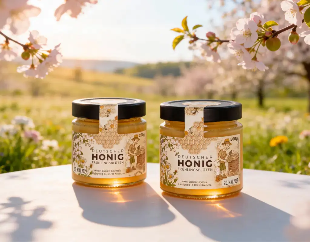 Zwei Honiggläser (250g und 500g) stehen in einer sonnigen Landschaft unter blühenden Frühlingsbäumen. Die Gläser tragen das helle, illustrierte Etikettendesign für den regionalen "Deutschen Honig Frühlingsblüten" vom Imker Lucien Czymek aus Kreischa.