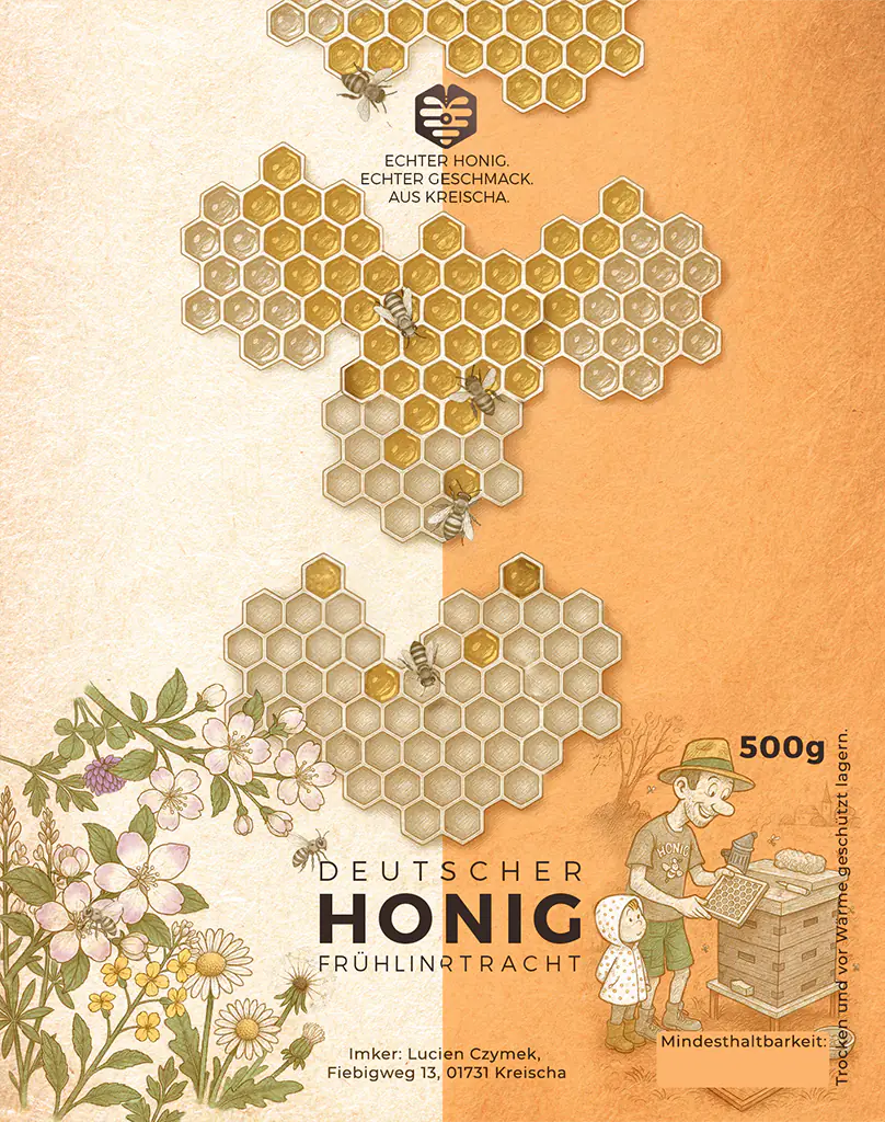 Illustriertes Etikettendesign für Honiggläser. Das warme, naturverbundene Design zeigt detaillierte Zeichnungen von Bienen auf goldgelben Waben, Frühlingsblumen sowie einen Imker mit Kind am Bienenstock. Aufschrift: "Echter Honig. Echter Geschmack. Aus Kreischa." und "Deutscher Honig - Imker: Lucien Czymek".