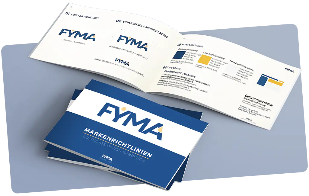 Aufgeschlagenes FYMA Corporate Design Handbuch mit Markenrichtlinien für Logo, Farben und Typografie.