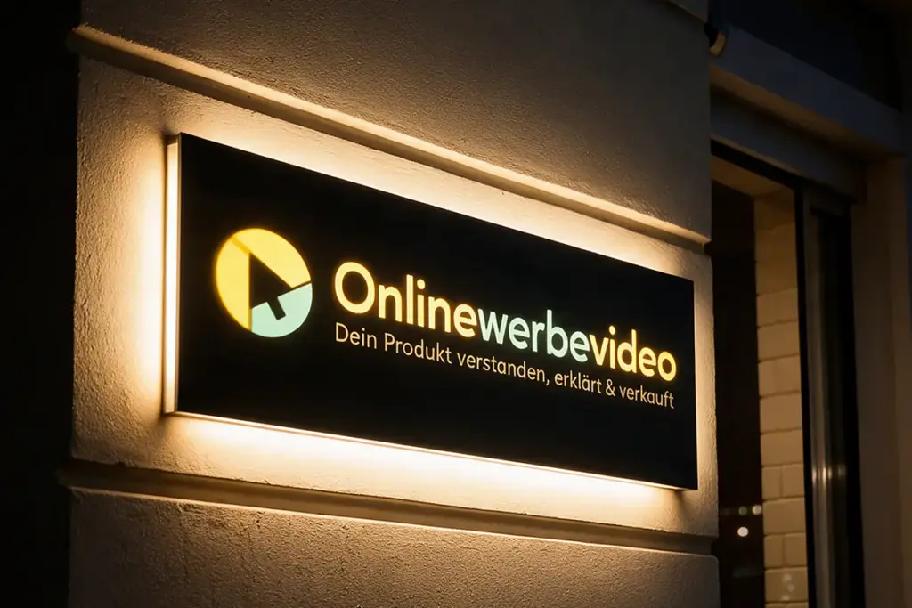 Hinterleuchtetes Firmenschild von Onlinewerbevideo bei Nacht, montiert an einer Hausfassade mit warmem Lichteffekt. Ein Corporate Design für Außenwerbung von foxdot.me.