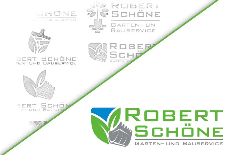 Logo Design Entwicklungsprozess von Skizzen bis zum fertigen Firmenlogo für Robert Schöne Garten- und Bauservice.
