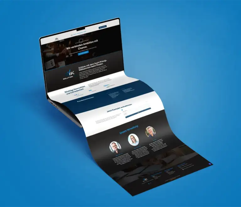 Kreatives 3D-Mockup einer scrollbaren Website für MK Solution GmbH, fließend aus einem Laptop-Bildschirm. Ein Webdesign-Projekt von foxdot.me.