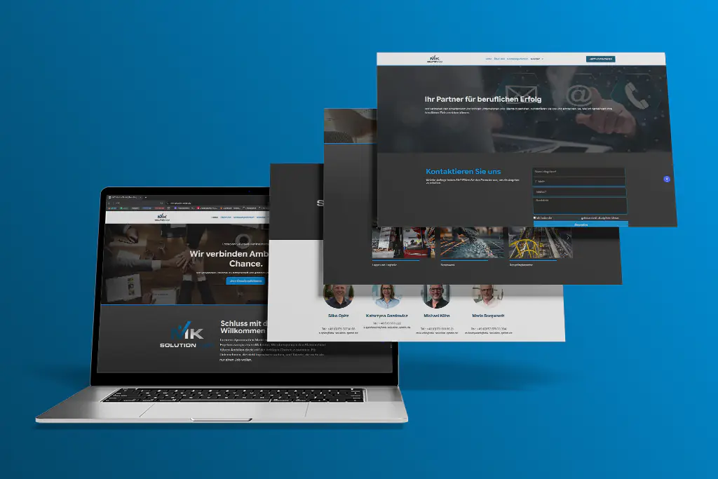 Laptop mit gestaffelt herausschwebenden Website-Sektionen der MK Solution Website vor blauem Hintergrund. Ein Webdesign-Projekt von foxdot.me.