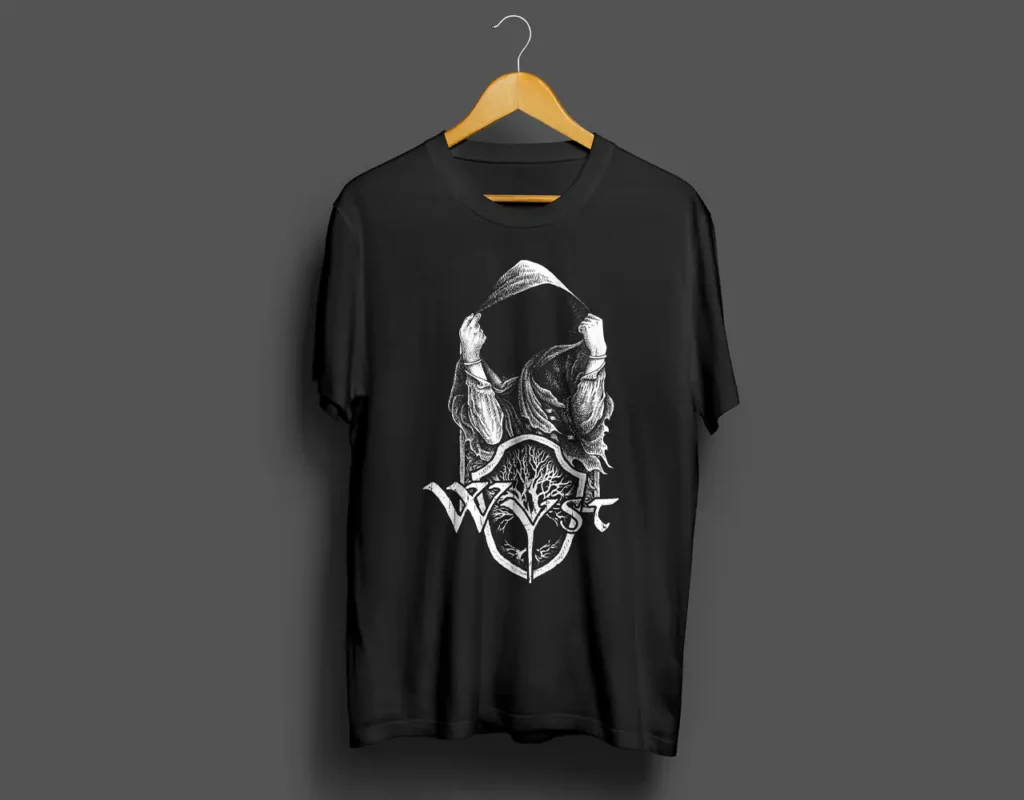 Schwarzes Band T-Shirt der Gruppe Wyst mit düsterer Kapuzen-Illustration von foxdot.me.