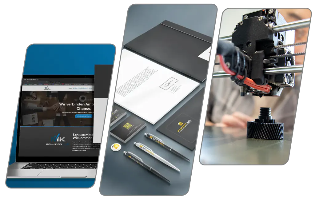 Dreigeteilte Collage, die einen Laptop mit Webdesign, Corporate-Design-Materialien und einen 3D-Drucker in Aktion zeigt. Eine Übersicht der Full-Service-Leistungen von foxdot.me.